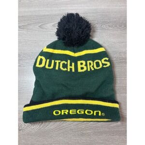 Dutch Bros Oregon Beanie Green Yellow Black Pom Pom Cuffed Knit Hat PNW Coffee